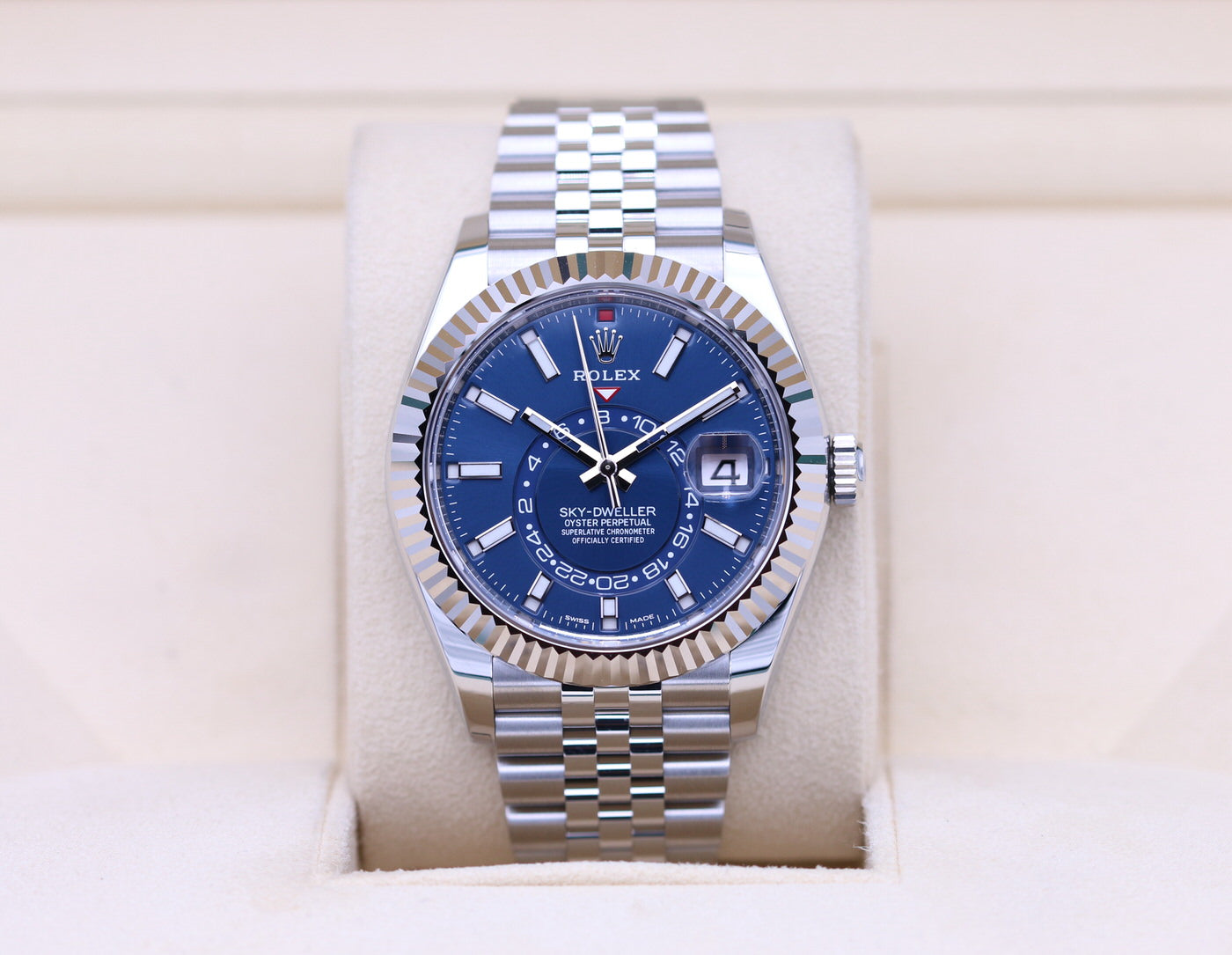 Rolex Sky-Dweller Stainless Steel Blue Index Dial Fluted White Gold Be – WATCH LAB