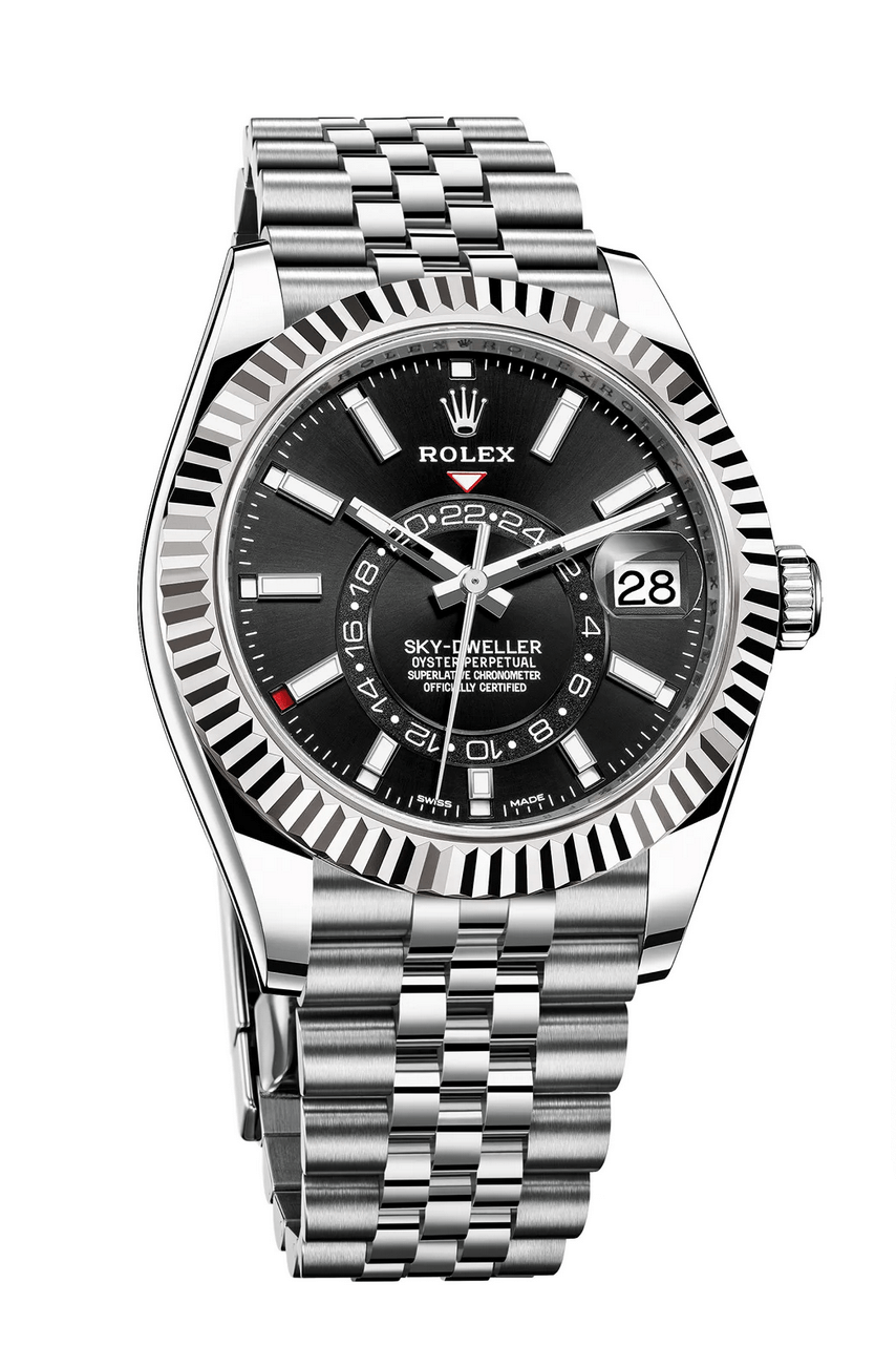 Rolex Sky Dweller Stainless Steel Black Index Dial Fluted White
