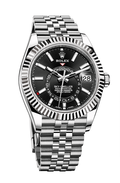 Rolex Sky-Dweller Stainless Steel Black Index Dial Fluted White Gold Bezel Jubilee Bracelet 326934 - New