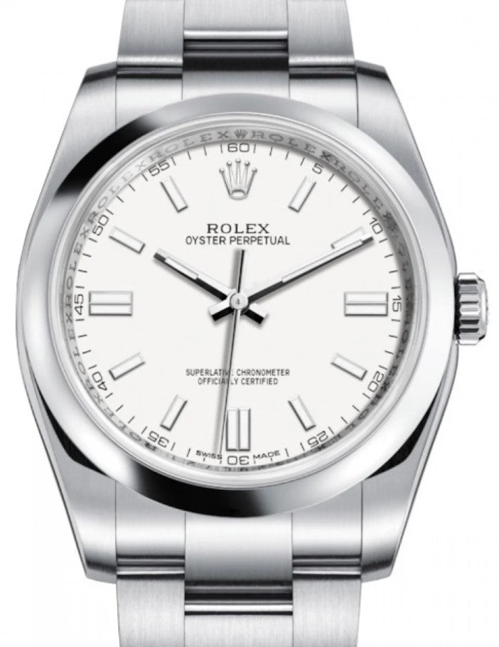 musiker baggrund efter det Rolex Oyster Perpetual 36mm Stainless Steel White Dial 116000 – NY WATCH LAB
