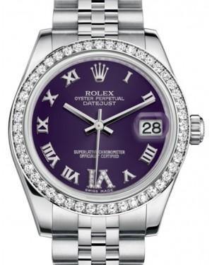 Rolex Datejust 31 Lady Midsize White Gold/Steel Purple Roman Diamond VI Dial & Diamond Bezel Jubilee Bracelet 178384 - Fresh - NY WATCH LAB