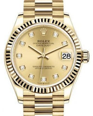 Rolex Datejust 31 Lady Midsize Yellow Gold Champagne Diamond Dial & Fluted Bezel President Bracelet 278278 - Fresh - NY WATCH LAB