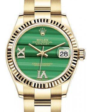 Rolex Datejust 31 Lady Midsize Yellow Gold Green Malachite VI IX Diamond Dial & Fluted Bezel Oyster Bracelet 278278 - Fresh - NY WATCH LAB