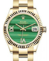 Rolex Datejust 31 Lady Midsize Yellow Gold Green Malachite VI IX Diamond Dial & Fluted Bezel Oyster Bracelet 278278 - Fresh - NY WATCH LAB