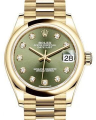 Rolex Datejust 31 Lady Midsize Yellow Gold Olive Green Diamond Dial & Smooth Domed Bezel President Bracelet 278248 - Fresh - NY WATCH LAB