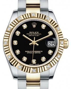 Rolex Datejust 31 Lady Midsize Yellow Gold/Steel Black Diamond Dial & Diamond Set Fluted Bezel Oyster Bracelet 178313 - Fresh - NY WATCH LAB
