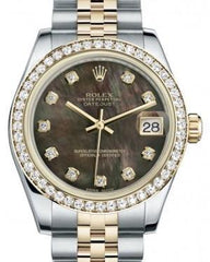Rolex Datejust 31 Lady Midsize Yellow Gold/Steel Black Mother of Pearl Diamond Dial & Diamond Bezel Jubilee Bracelet 178383 - Fresh - NY WATCH LAB