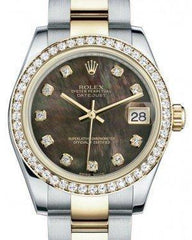 Rolex Datejust 31 Lady Midsize Yellow Gold/Steel Black Mother of Pearl Diamond Dial & Diamond Bezel Oyster Bracelet 178383 - Fresh - NY WATCH LAB
