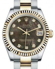 Rolex Datejust 31 Lady Midsize Yellow Gold/Steel Black Mother of Pearl Diamond Dial & Fluted Bezel Oyster Bracelet 178273 - Fresh - NY WATCH LAB