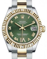 Rolex Datejust 31 Lady Midsize Yellow Gold/Steel Olive Green Roman Diamond VI Dial & Diamond Set Fluted Bezel Oyster Bracelet 178313 - Fresh - NY WATCH LAB
