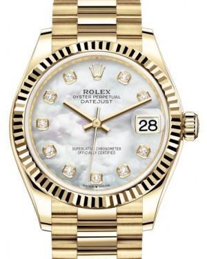 Rolex Datejust 31 Lady Midsize Yellow Gold White Mother of Pearl Diamond Dial & Fluted Bezel President Bracelet 278278 - Fresh - NY WATCH LAB