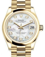 Rolex Datejust 31 Lady Midsize Yellow Gold White Mother of Pearl Diamond Dial & Smooth Domed Bezel President Bracelet 278248 - Fresh - NY WATCH LAB