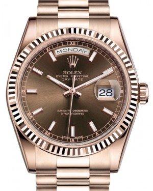 Rolex Day-Date 36 Rose Gold Chocolate Index Dial Fluted Bezel