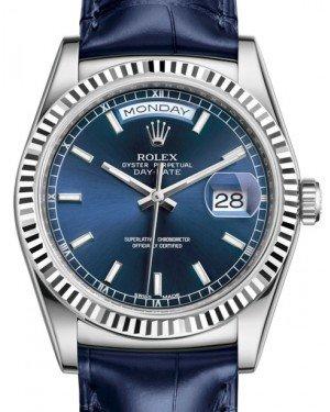 Rolex Day-Date 36 White Gold Blue Index Dial Fluted Bezel Blue