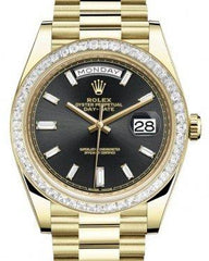Rolex Day-Date 40 Yellow Gold Black Diamond Dial & Baguette Diamond Bezel President Bracelet 228398TBR