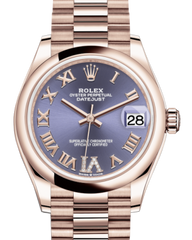 Rolex Lady-Datejust 31 Rose Gold Aubergine Roman Diamond VI Dial & Smooth Domed Bezel President Bracelet 278275