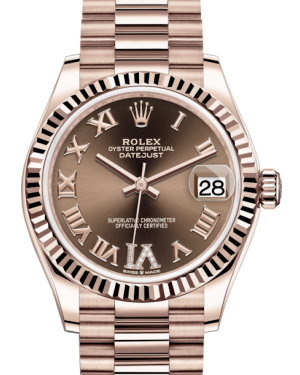 Rolex Lady-Datejust 31 Rose Gold Chocolate Roman Diamond VI Dial & Fluted Bezel President Bracelet 278275