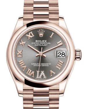 Rolex Lady-Datejust 31 Rose Gold Rhodium Roman Diamond VI Dial & Smooth Domed Bezel President Bracelet 278275