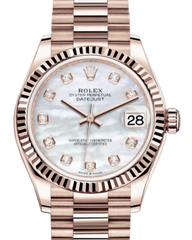Rolex Lady-Datejust 31 Rose Gold White Mother of Pearl Diamond Dial & Fluted Bezel President Bracelet 278275