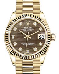 Rolex Lady-Datejust 31 Yellow Gold Black Mother of Pearl Diamond Dial & Fluted Bezel President Bracelet 278278