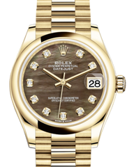 Rolex Lady-Datejust 31 Yellow Gold Black Mother of Pearl Diamond Dial & Smooth Domed Bezel President Bracelet 278248