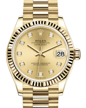 Rolex Lady-Datejust 31 Yellow Gold Champagne Diamond Dial & Fluted Bezel President Bracelet 278278