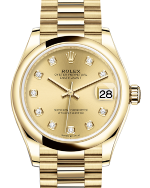 Rolex Lady-Datejust 31 Yellow Gold Champagne Diamond Dial & Smooth Domed Bezel President Bracelet 278248