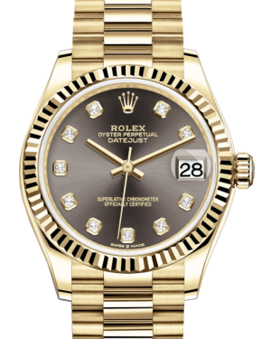 Rolex Lady-Datejust 31 Yellow Gold Dark Grey Diamond Dial & Fluted Bezel President Bracelet 278278