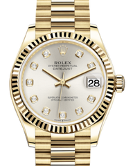 Rolex Lady-Datejust 31 Yellow Gold Silver Diamond Dial & Fluted Bezel President Bracelet 278278