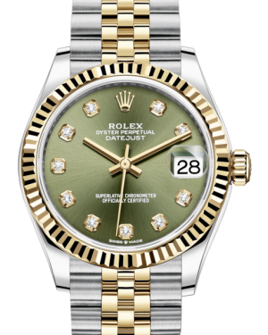 Rolex Lady-Datejust 31 Yellow Gold/Steel Olive Green Diamond Dial & Fluted Bezel Jubilee Bracelet 278273 - Fresh - NY WATCH LAB