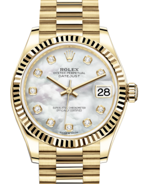 Rolex Lady-Datejust 31 Yellow Gold White Mother of Pearl Diamond Dial & Fluted Bezel President Bracelet 278278