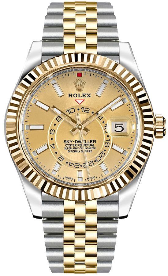 Sky-Dweller Yellow Gold/Steel Champagne Index Dial Fluted Bezel – NY WATCH LAB