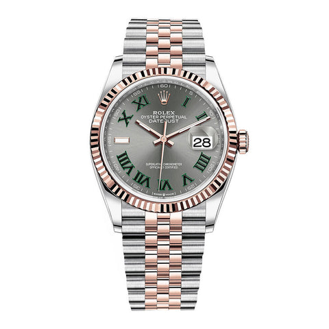 Rolex Datejust 36mm 126231 Two-Tone Rose Gold Fluted Bezel Wimbledon Roman Dial Jubilee