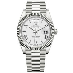 Rolex Day-Date 40mm White Gold Fluted Bezel White Roman Dial Presidential Bracelet 228236