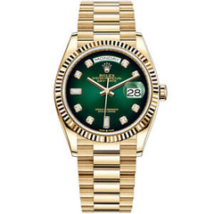 Rolex Day-Date  36mm Yellow Gold 128348RBR Green Diamond Dial Fluted Bezel