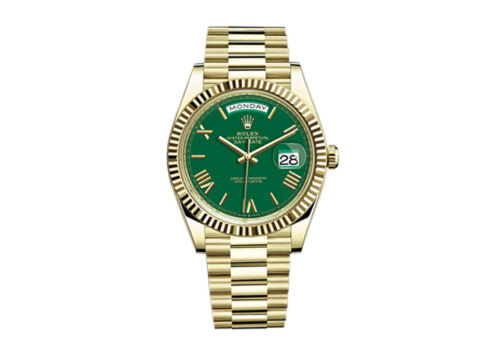 Rolex Day-Date 40 Yellow Gold 228238 Green Roman Dial Fluted Bezel