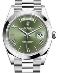 Rolex Day-Date 40mm Platinum Olive Green Roman Dial & Smooth Bezel President Bracelet 228206 -  NEW