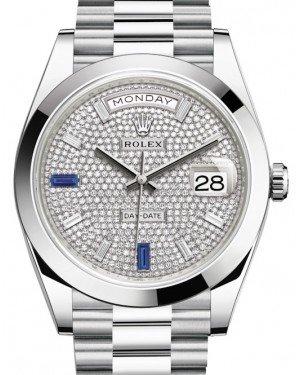Rolex Day-Date 40mm Platinum Diamond Pave Dial with Sapphires & Smooth Bezel President Bracelet 228206 -  NEW