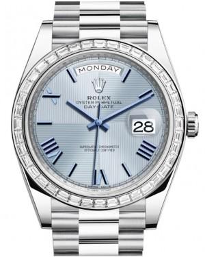 Rolex Day-Date 40 Platinum Ice Blue Quadrant Motif Roman Dial & Diamond Bezel President Bracelet 228396RBR