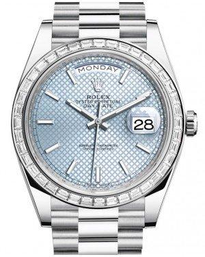 Rolex Day-Date 40 Platinum Ice Blue Diagonal Motif Index Dial & Diamond Bezel President Bracelet 228396RBR