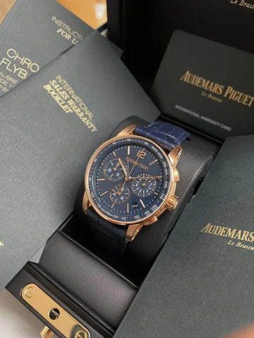 Audemars Piguet Chronograph Rose Gold/Blue Dial Alligator Leather Strap 2021 New 26393OR.OO.A321CR.01