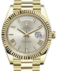 Rolex Day-Date 40 Yellow Gold Silver Roman Dial & Fluted Bezel President Bracelet 228238 -  New