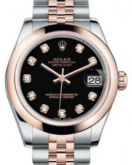 Rolex Datejust 31 Lady Midsize Rose Gold/Steel Black Diamond Dial & Smooth Domed Bezel Jubilee Bracelet 178241 - Fresh - NY WATCH LAB 