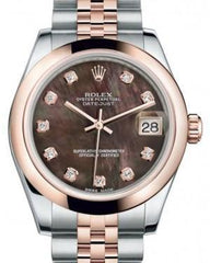 Rolex Datejust 31 Lady Midsize Rose Gold/Steel Black Mother of Pearl Diamond Dial & Smooth Domed Bezel Jubilee Bracelet 178241 - Fresh - NY WATCH LAB 