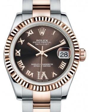 Rolex Datejust 31 Lady Midsize Rose Gold/Steel Chocolate Roman Diamond VI Dial & Fluted Bezel Oyster Bracelet 178271 - Fresh - NY WATCH LAB 