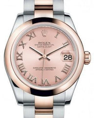 Rolex Datejust 31 Lady Midsize Rose Gold/Steel Pink Roman Dial & Smooth Domed Bezel Oyster Bracelet 178241 - Fresh - NY WATCH LAB 