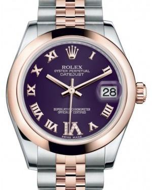 Rolex Datejust 31 Lady Midsize Rose Gold/Steel Purple Roman Diamond VI Dial & Smooth Domed Bezel Jubilee Bracelet 178241 - Fresh - NY WATCH LAB 