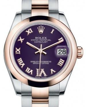 Rolex Datejust 31 Lady Midsize Rose Gold/Steel Purple Roman Diamond VI Dial & Smooth Domed Bezel Oyster Bracelet 178241 - Fresh - NY WATCH LAB 