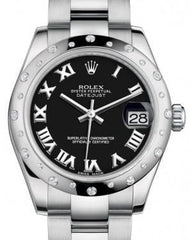 Rolex Datejust 31 Lady Midsize White Gold/Steel Black Roman Dial & Diamond Set Domed Bezel Oyster Bracelet 178344 - Fresh - NY WATCH LAB 
