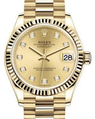 Rolex Datejust 31 Lady Midsize Yellow Gold Champagne Diamond Dial & Fluted Bezel President Bracelet 278278 - Fresh - NY WATCH LAB 